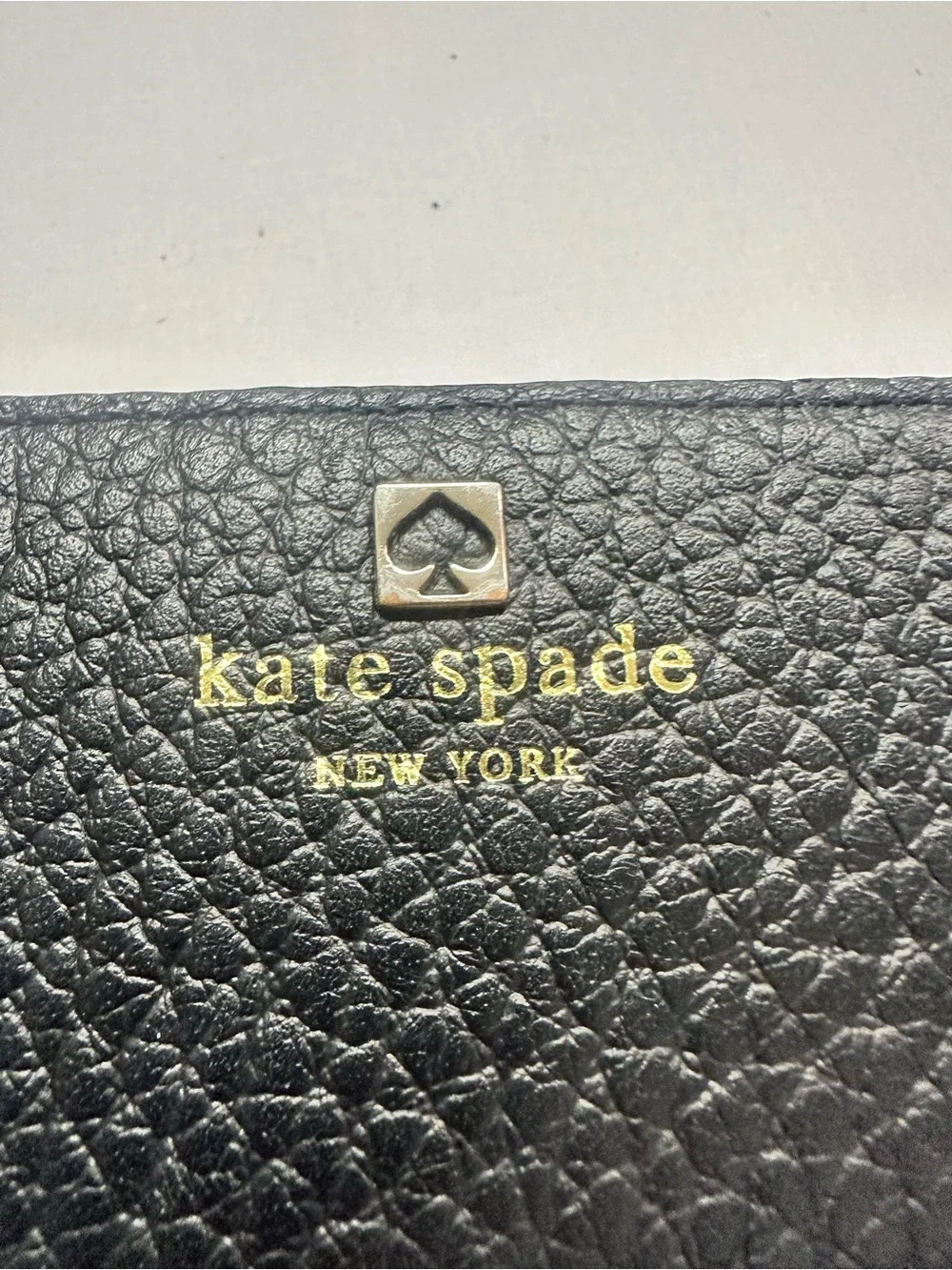 kate spade Black Pebbled Leather Zip Clutch Wallet with Gold Logo
